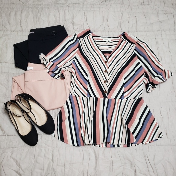 Monteau Tops - Monteau Striped Pink & Black Blouse Size XL